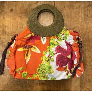 ICING Women's Orange Floral Design wooden tassels Tropical Handbag Purse